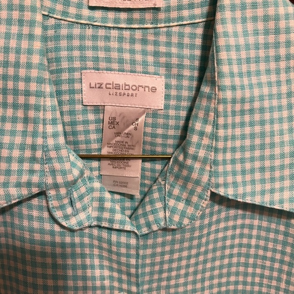 Liz Claiborne long sleeve button up shirt, size Small, aqua and white checked - Picture 3 of 4